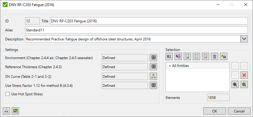Figure 1: SDC Verifier interface showing settings for DNV RP-C203 fatigue analysis.
