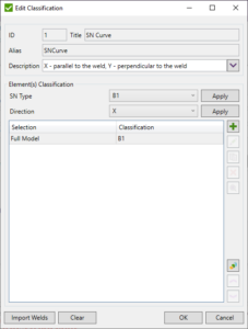 Figure 3: "Edit Classification" window for defining S-N curve parameters and direction.
