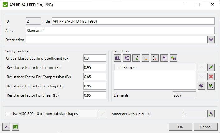 The image shows the settings dialog box in SDC Verifier for customizing the parameters of API RP 2A-LRFD (1st, 1993)