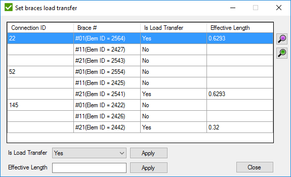 The interface where engineers can manually set the load transfer status (Yes/No) for specific brace members and adjust their effective lengths.