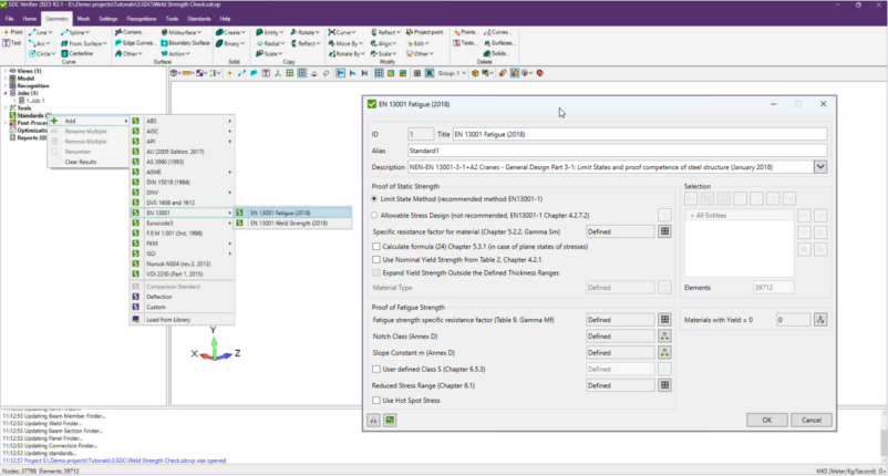 EN 13001 fatigue verification settings in SDC Verifier, showing parameters and options for customizing the analysis.