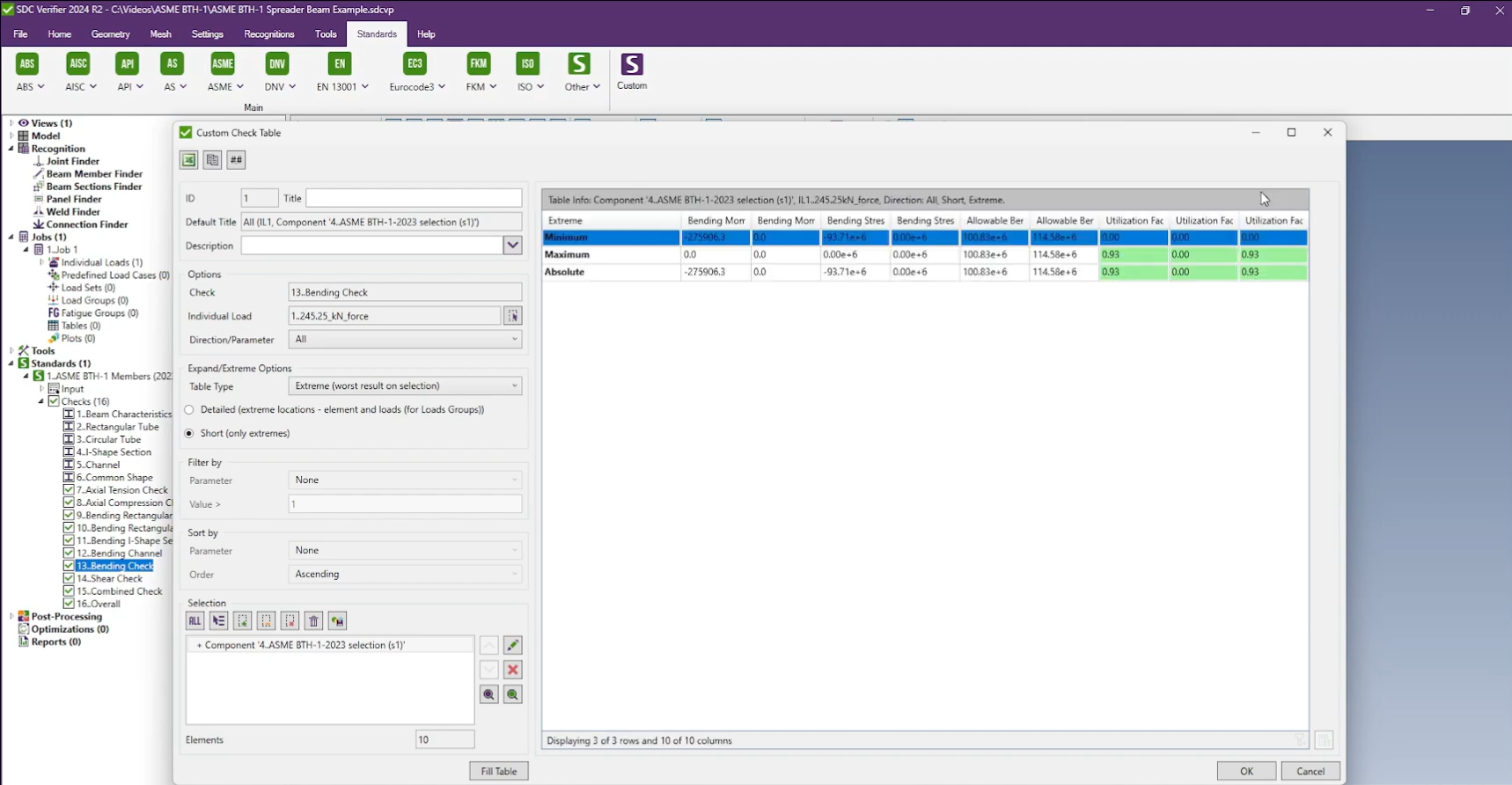 A screenshot of the SDC Verifier software displaying the ASME BTH-1 standard and the results of a bending check for a spreader beam.