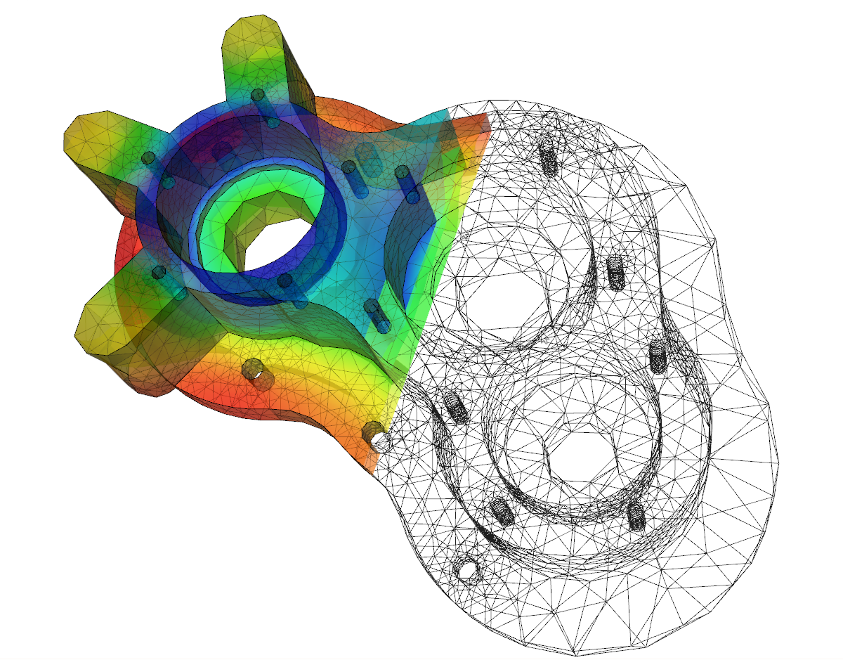 The image showcases the practical application of FEM, with a meshed component analyzed for stress distribution, visualized through color-coded stress gradients.