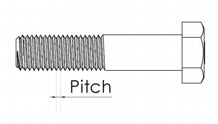 Diagram of a hex bolt showing the threaded portion with a labeled "pitch," which refers to the distance between threads. The image illustrates a key aspect of bolt threading used in fastener specifications.