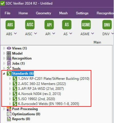 Screenshot of SDC Verifier showing a list of applied standards: DNV, AISC, API, NORSOK, ISO, and Eurocode for multi-standard compliance within one model.