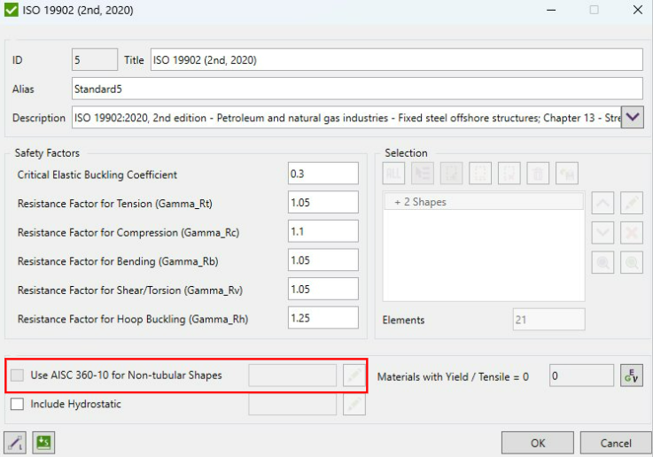 Screenshot of SDC Verifier showing the option to use AISC 360-10 for non-tubular shapes within an ISO 19902 compliance setup.