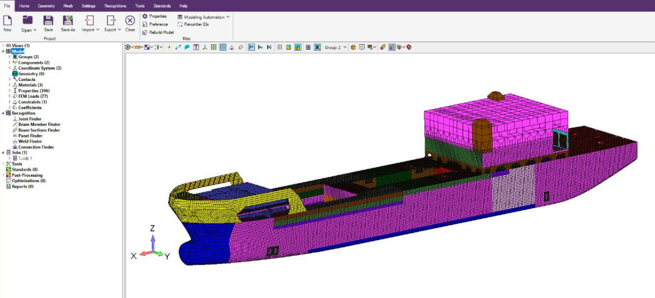 Finite Element Analysis (FEA) model of a ship structure, showing color-coded panels, stiffeners, and curved sections used for structural verification in maritime engineering.