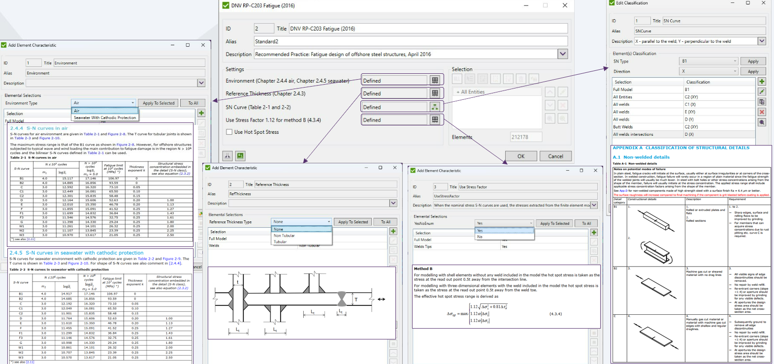 Image showing DNV RP-C203 Fatigue (2016) settings, including SN curve selection for air or seawater environments, reference thickness types (tubular and non-tubular), and stress factor application for fatigue analysis in maritime structures.