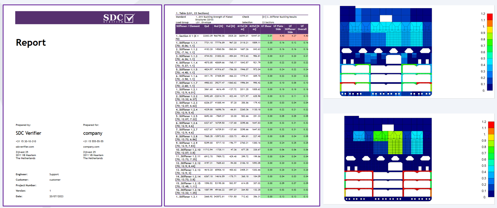 Image ALT: "Automated report showcasing buckling results, including a tabular summary of stiffener analysis and color-coded stress distribution maps for enhanced visualization."