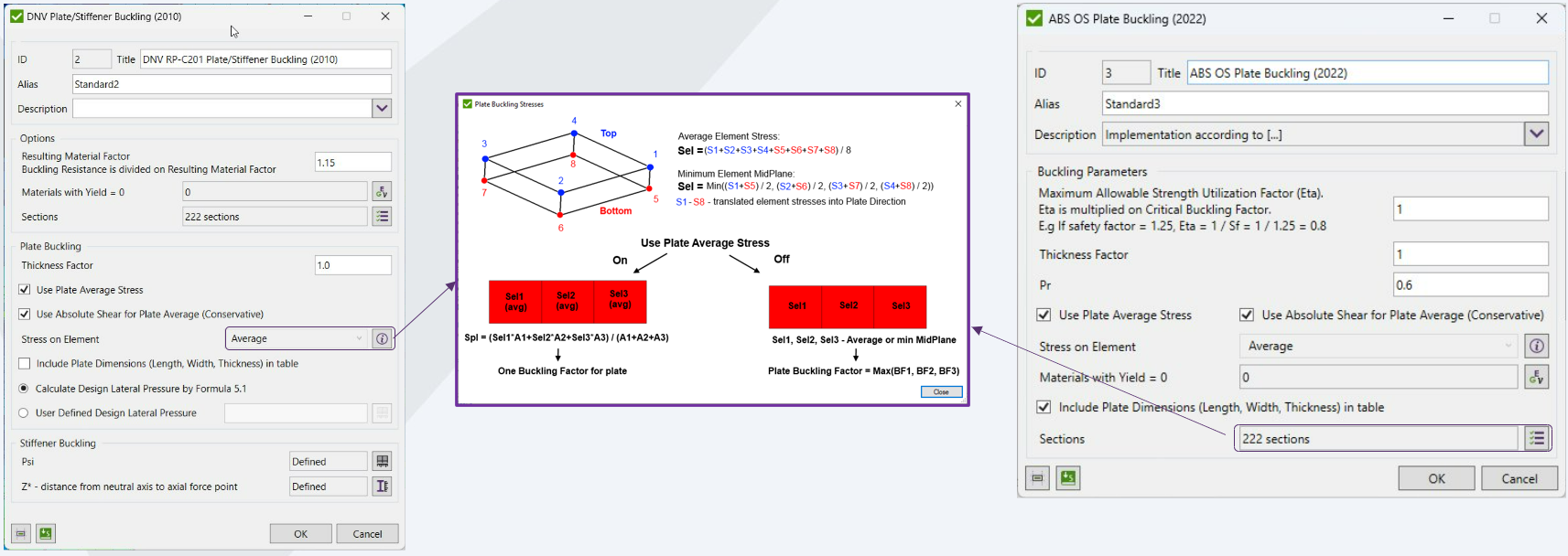 Image showing DNV and ABS standards settings for plate buckling, including material yield stress adjustments, thickness factor changes, and options for stress calculations in finite element analysis.
