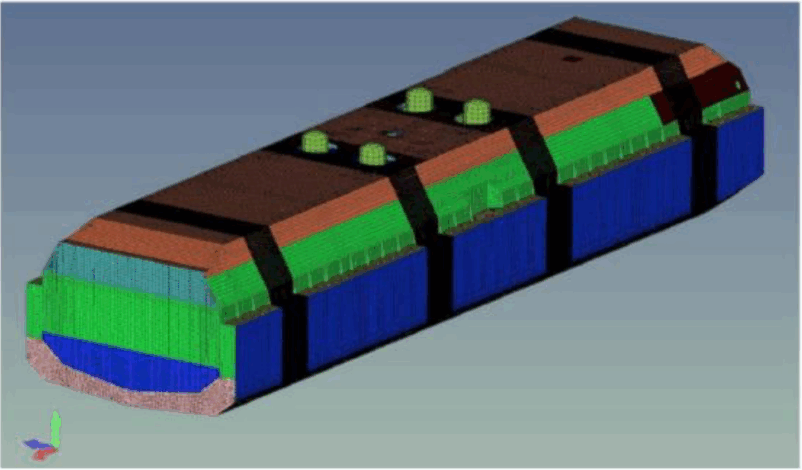 Finite Element Analysis model of LNG HaugesundKnutsen cargo hold showing bilobe tanks and supporting structure used for structuralverification with SDC Verifier.