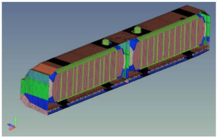 Finite Element Analysis model of LNG Haugesund Knutsen highlighting tank saddles and structural integration with web frames, longitudinals, and floors in the double bottom. 