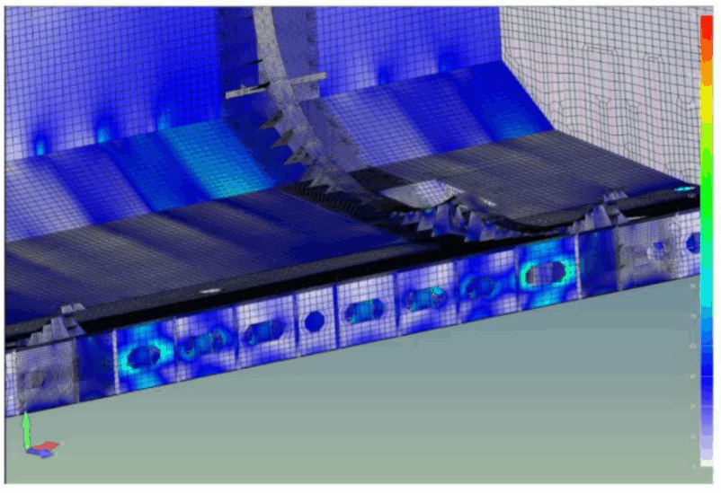 Finite Element Analysis of LNG Haugesund Knutsen showing stress distribution in saddle region with refined mesh to capture local concentrations. 