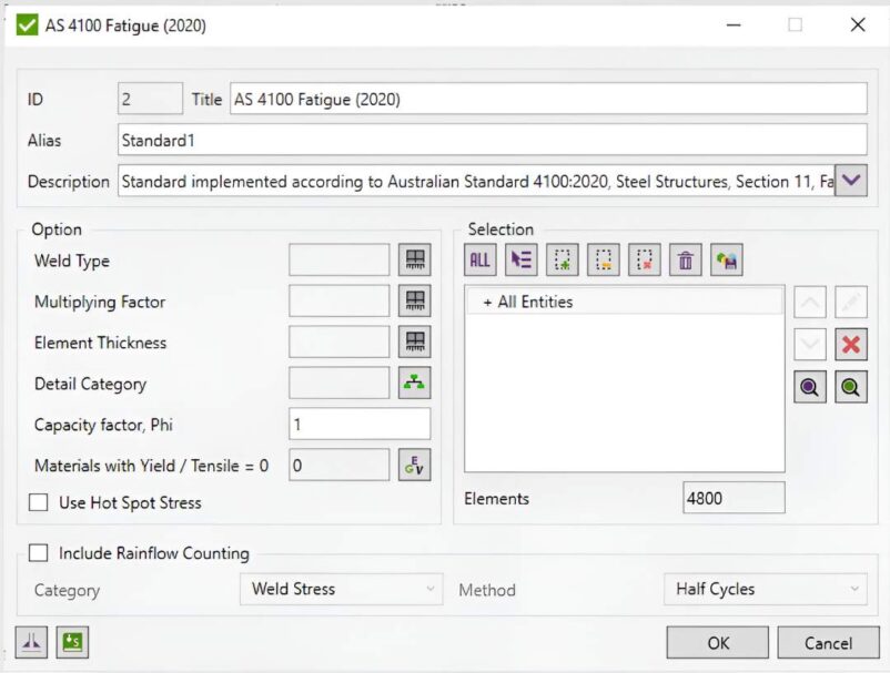 AS 4100 Fatigue (2020) standard dialog showing weld type, multiplying factor, element thickness, detail category, capacity factor φ, material check, hot spot stress and rainflow options.