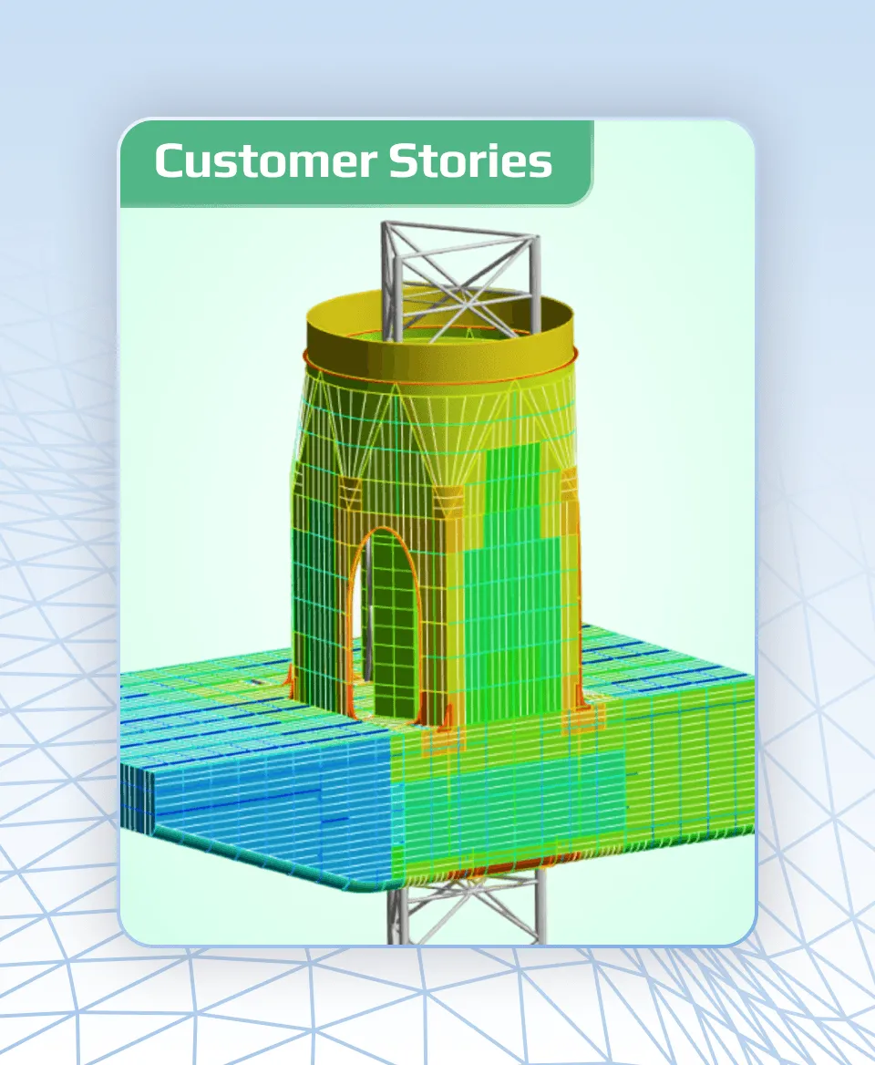   SDC Verifier  Card titled 'Customer Stories' featuring a colorful 3D architectural model of a cylindrical tower with an arched doorway atop a green-blue platform.