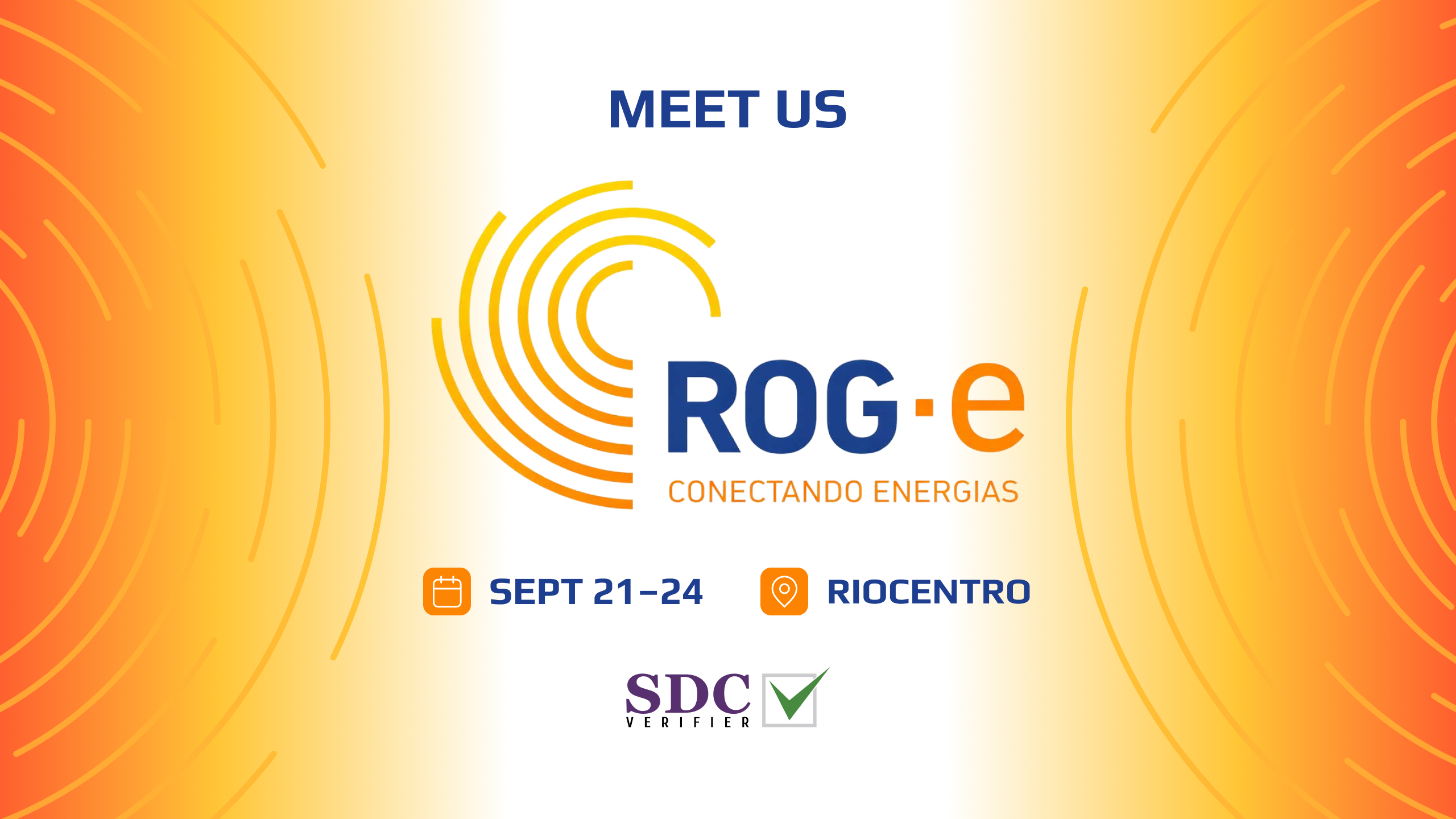   SDC Verifier  Banner announcing 'MEET US' with the ROG-e logo and 'Conectando Energias', plus event dates Sept 21–24 at Riocentro.
