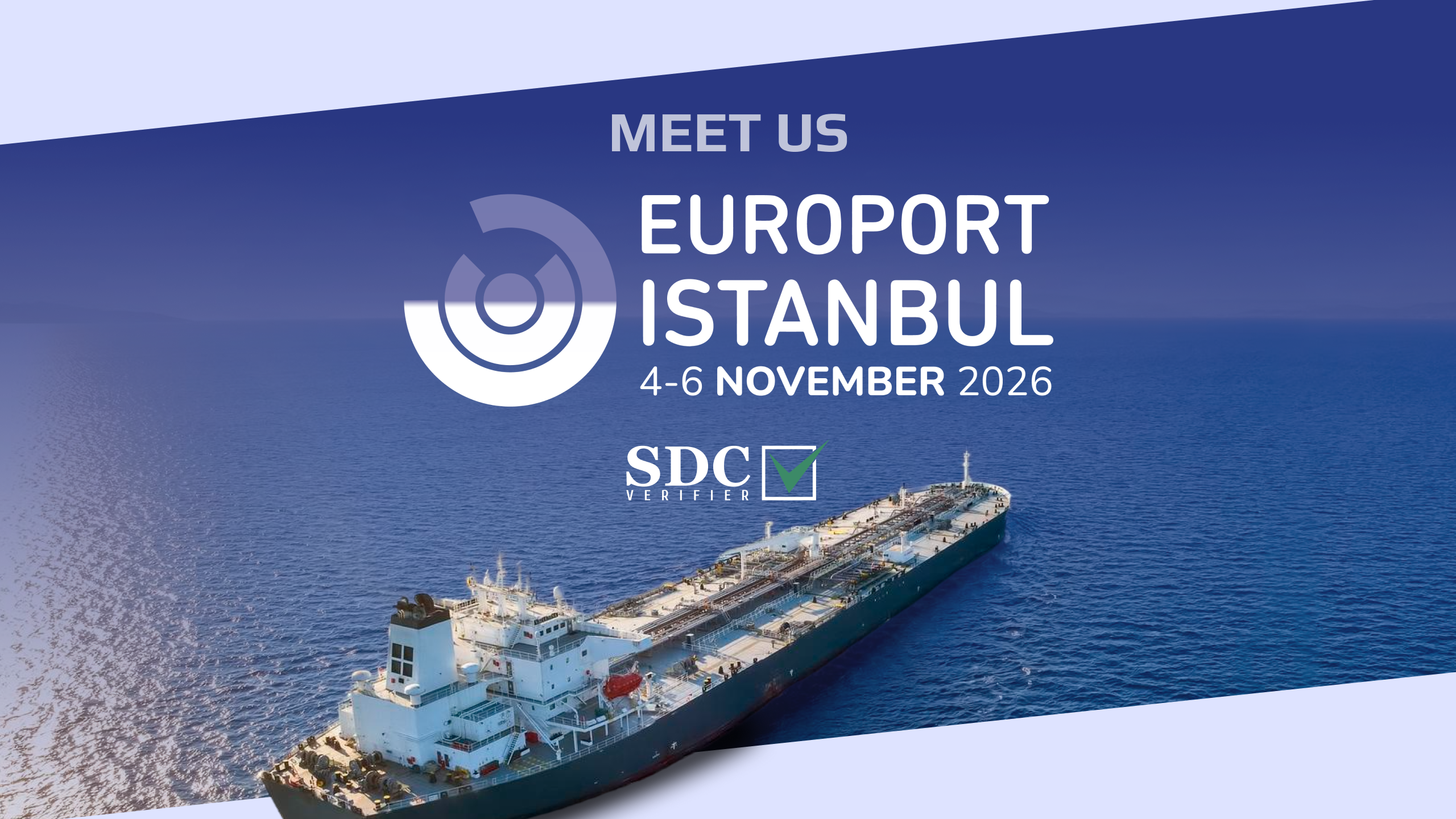   SDC Verifier  Promotional banner for Europort Istanbul 2026 with a cargo ship at sea; meet us, 4–6 November 2026.