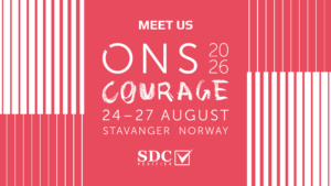   SDC Verifier  Event poster announcing an event: bold 'MEET US ON SONS', 'COURAGE', dates 24–27 August, Stavanger, Norway, with SDC Verifyer logo.