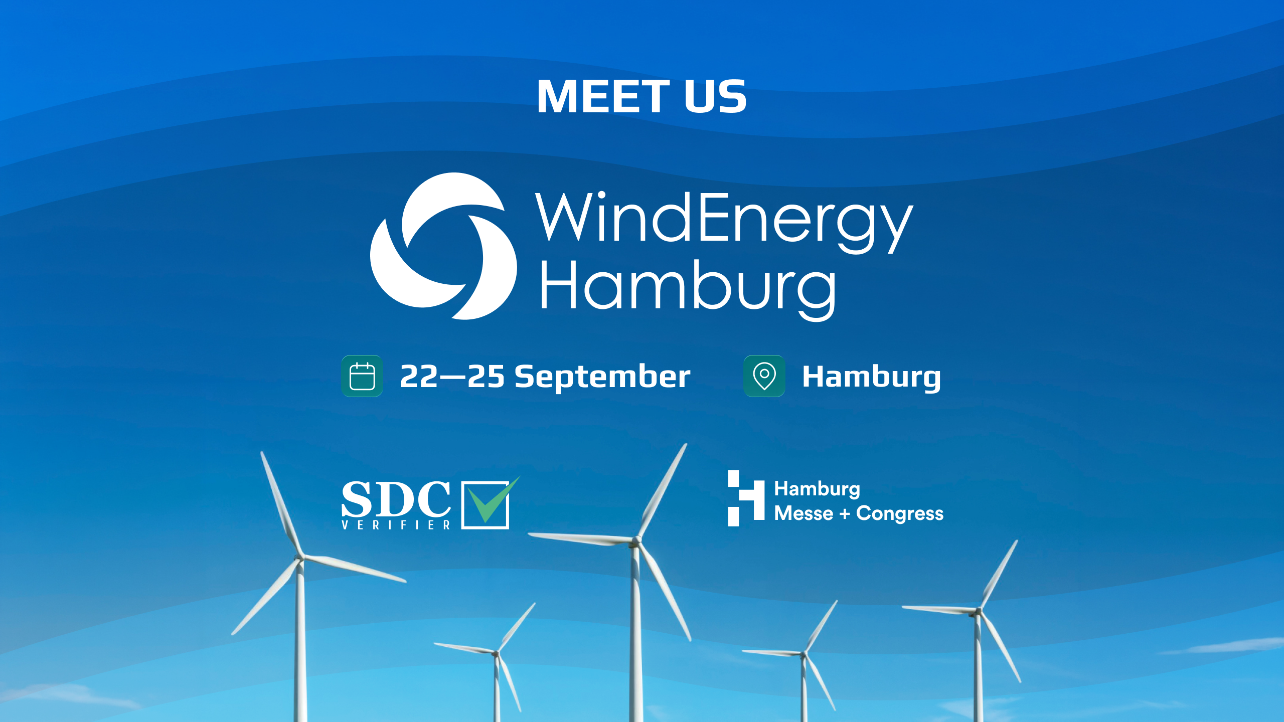   SDC Verifier  Meet us at WindEnergy Hamburg banner with dates 22–25 September in Hamburg and wind-turbine visuals on a blue gradient background central logos.
