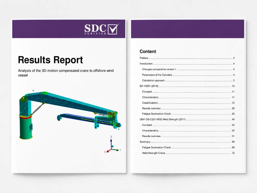 SDC Verifier Cover page of a Results Report with the SDC Verifier logo and a 3D crane model illustration on white background, two-page spread showing contents.