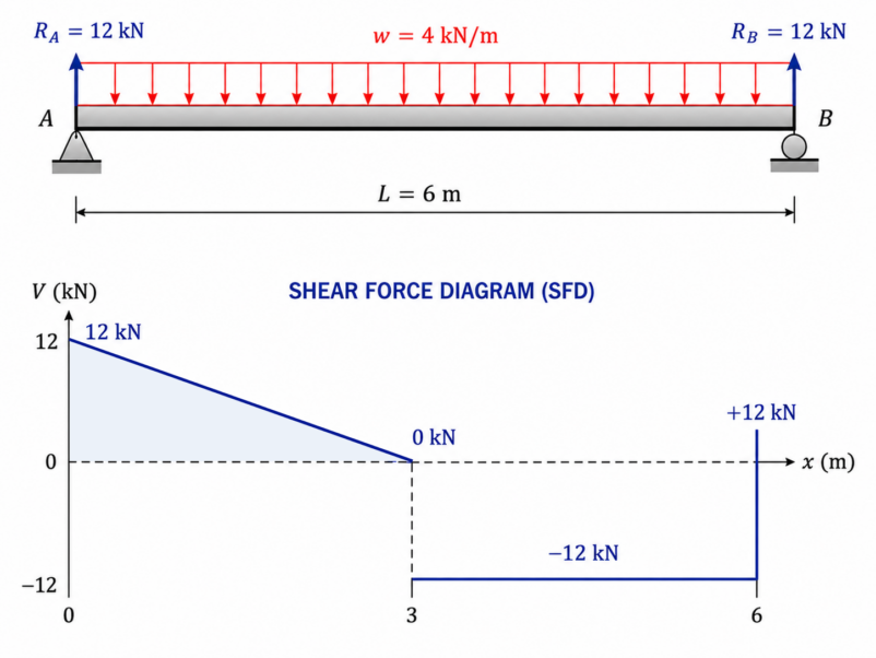 SDC Verifier shear force diagram for simply supported beam with uniformly distributed load