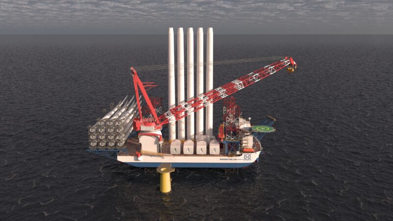SDC Verifier FO-146 WindSetter Class vessel concept visualization with a leg-encircling crane and wind turbine components on deck.