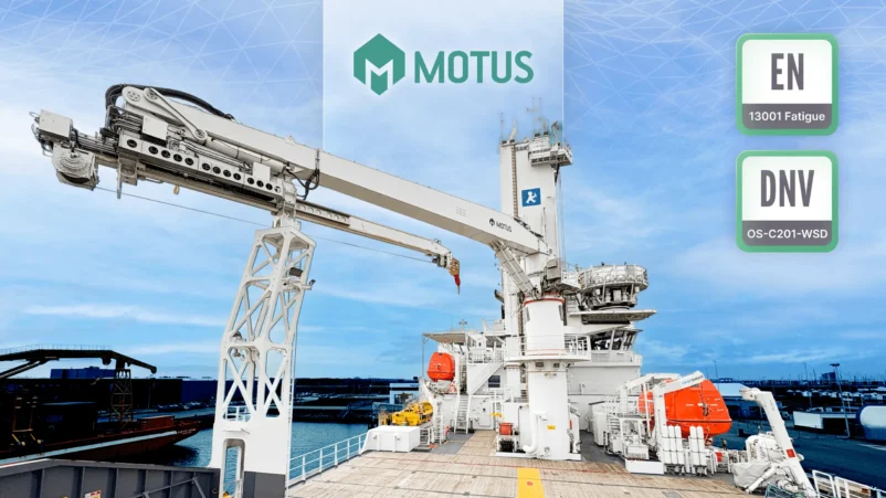 SDC Verifier SDC Verifier Offshore crane on a vessel deck with MOTUS branding and DNV OS-C201-WSD labels against a clear blue sky.