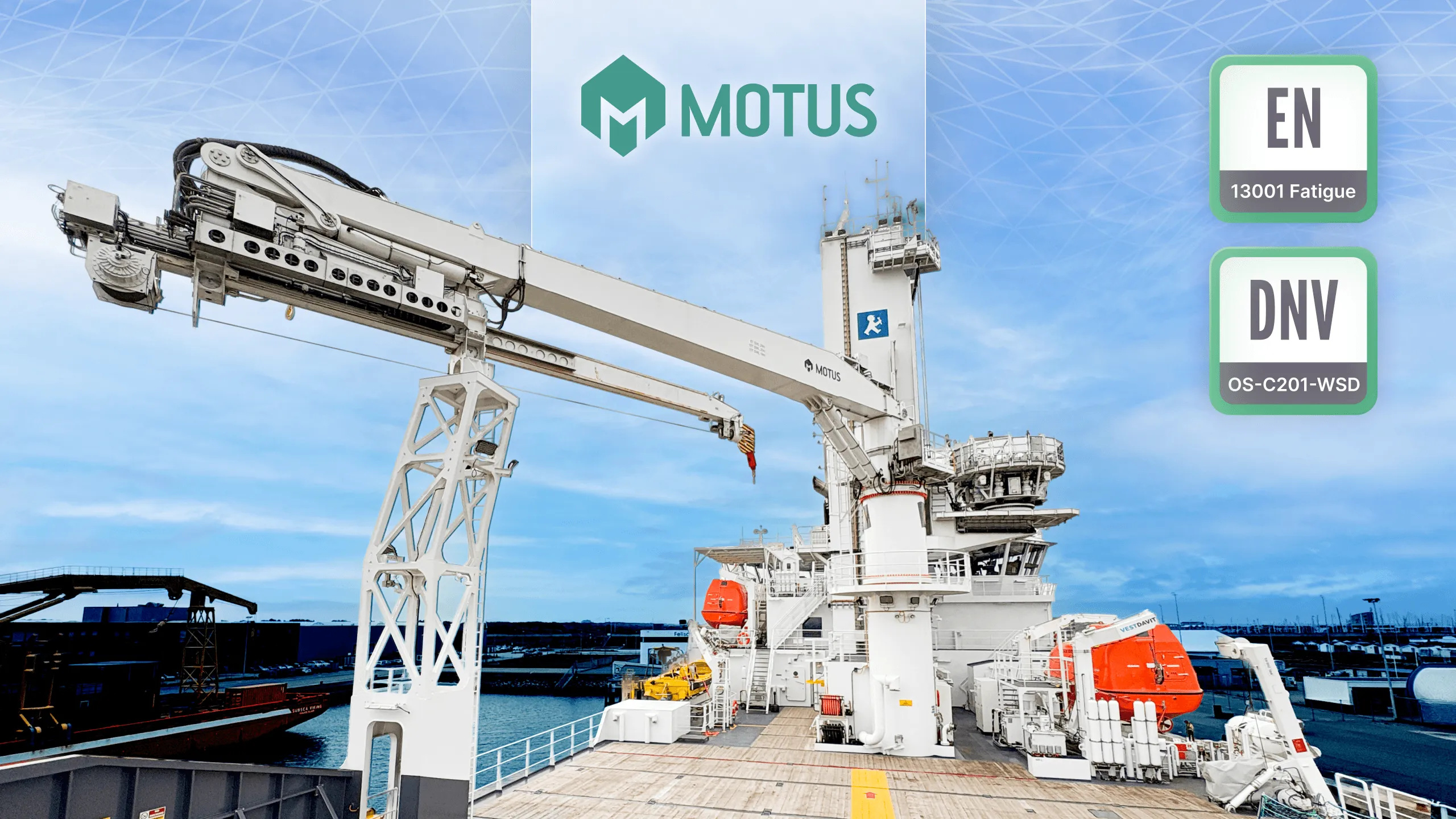 SDC Verifier SDC Verifier Offshore crane on a vessel deck with MOTUS branding and DNV OS-C201-WSD labels against a clear blue sky.