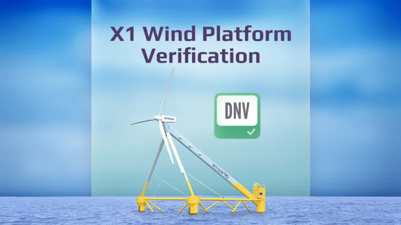 SDC Verifier SDC Verifier X1 Wind Platform Verification with offshore wind turbine and DNV verification badge on blue sky background