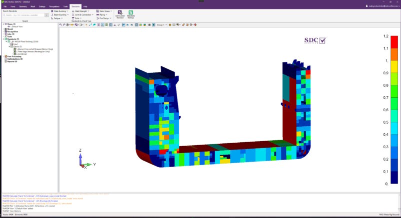   SDC Verifier  Screenshot of SDC Verifier showing a 3D finite element model with a multicolor stress map on two tall connected structures; color legend on the right and axis indicator bottom-left.