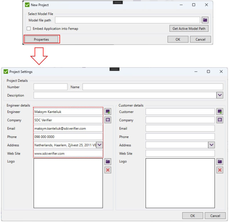 Screenshot of two windows: a New Project dialog with a Properties button, and a Project Settings form showing engineer details (Maksym Kanteliuk, SDC Verifier) and company info.