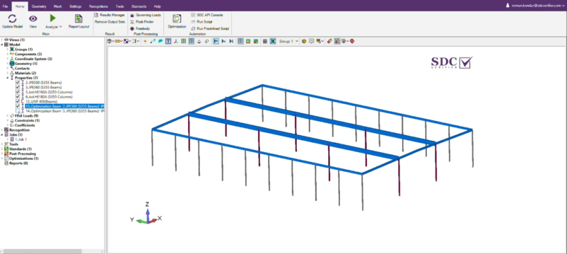SDC Verifier Structural model updated with the selected optimised cross-sections before rerunning the analysis.