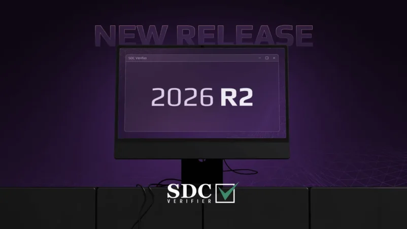 SDC Verifier SDC Verifier Promotional banner: computer monitor showing '2026 R2' on a purple screen with 'NEW RELEASE' text above and the SDC Verifier logo below.